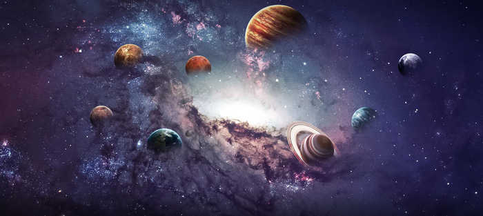 Planets and galaxy in deep space with stars