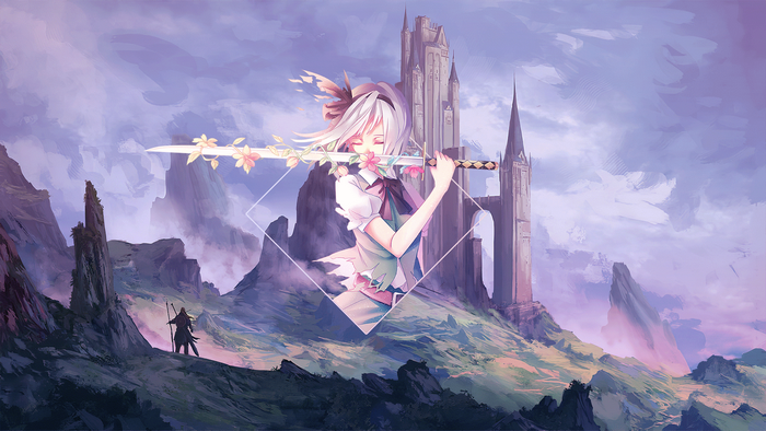 Izayoi Sakuya from Touhou with a sword and flowers