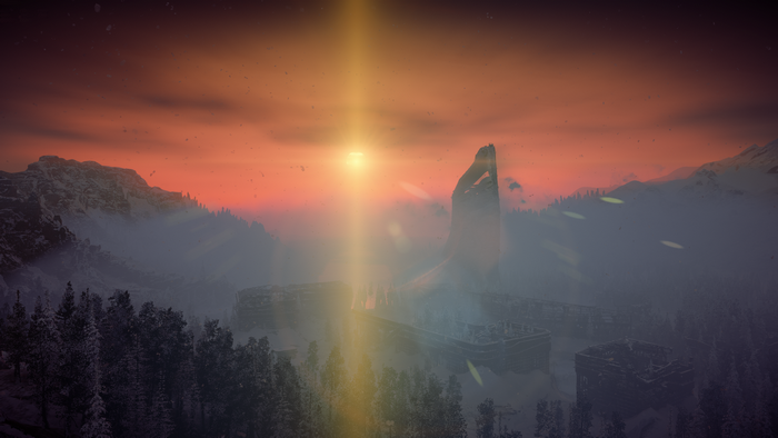 Horizon Zero Dawn: Sunset over snowy mountains and ruins