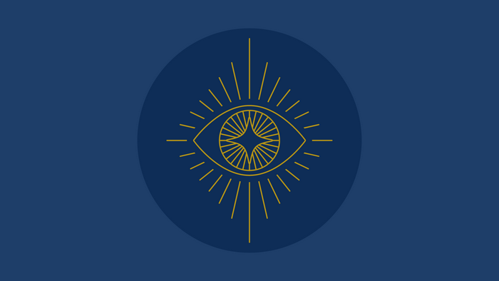 Eye symbol with radiating lines on blue background