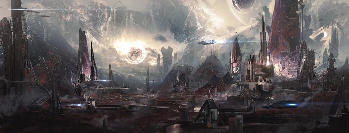Sci-fi city with futuristic architecture and spacecraft