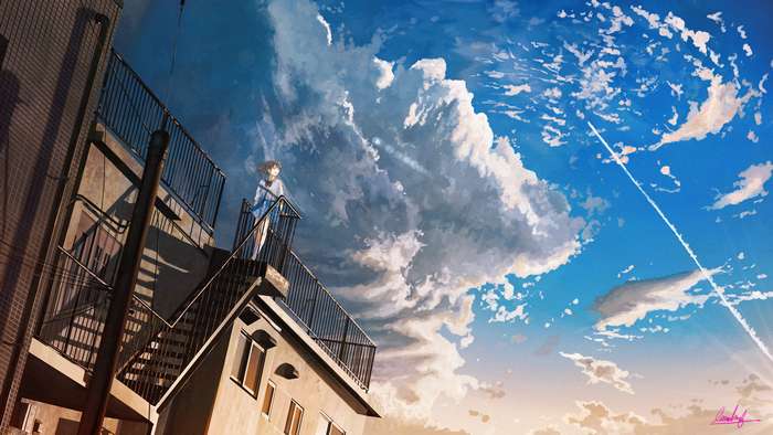 Anime girl in school uniform on rooftop with clouds