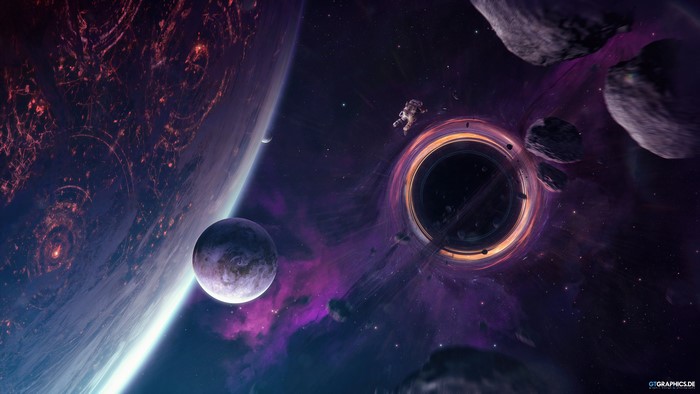 Astronaut near a black hole and planets in space art