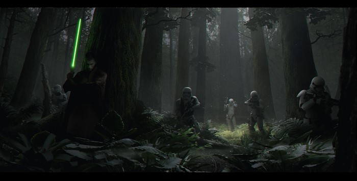 Jedi with lightsaber fighting stormtroopers in forest