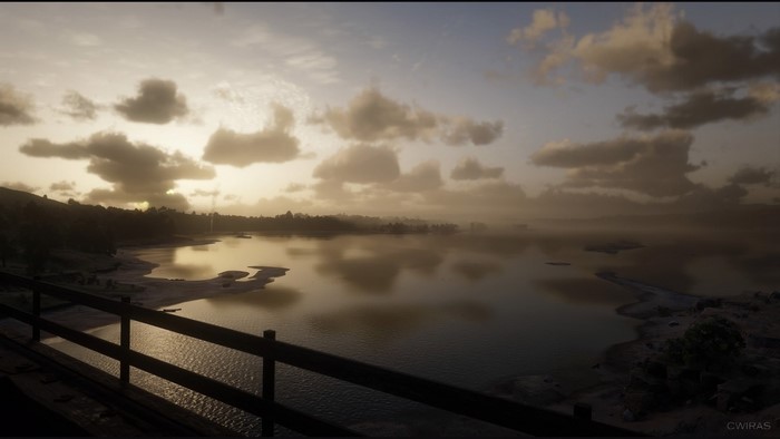 Red Dead Redemption 2 sunset over a lake
