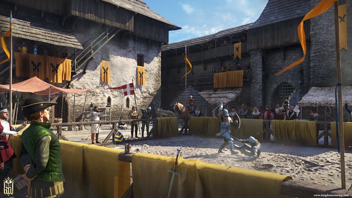 Knights jousting in a medieval castle courtyard