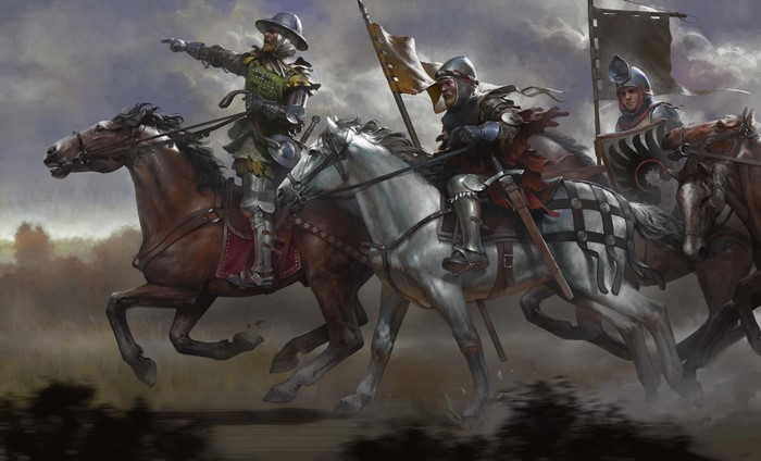 Artwork of knights on horseback from Kingdom Come: Deliverance
