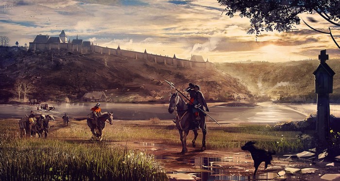 Medieval Castle and Knights on Horseback by a River