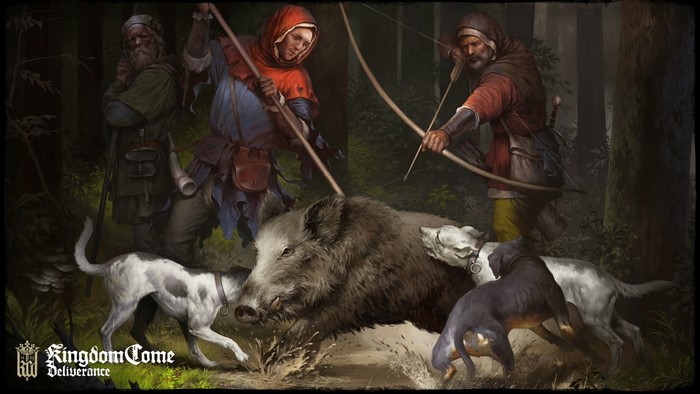 Kingdom Come: Deliverance hunters with dogs and boar