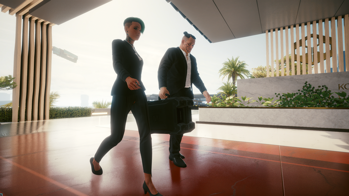 Female V and Jackie Welles from Cyberpunk 2077