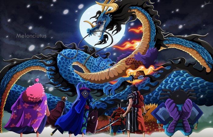 Kaido and Samurai Facing Chinese Dragon in Moonlight