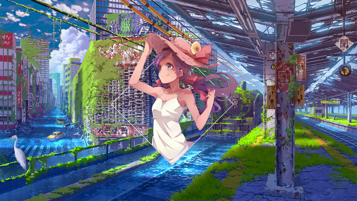 Anime girl in a sun dress at a flooded train station
