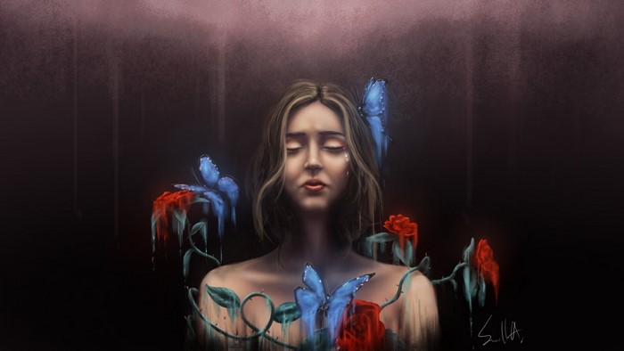 Woman crying with blue butterflies and roses