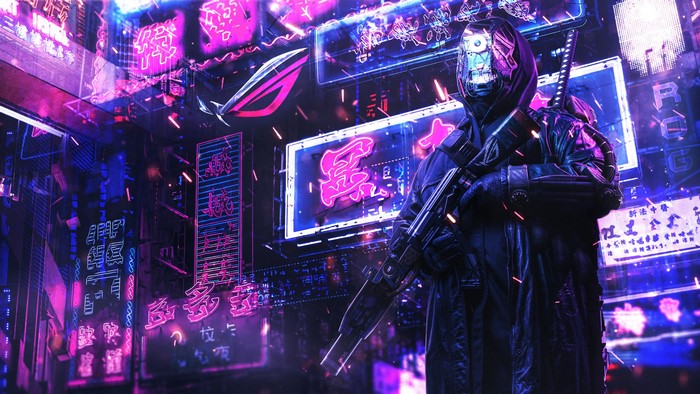 Cyberpunk warrior with gun and sword in neon city