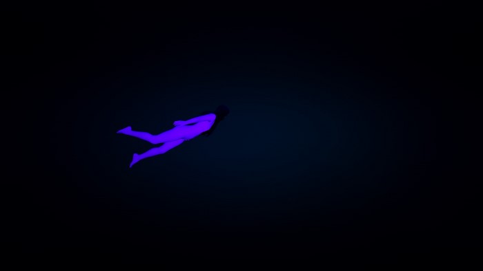 A purple figure floats in the dark