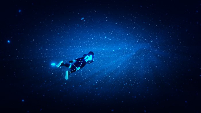 Woman in neon suit floating in starry blue space