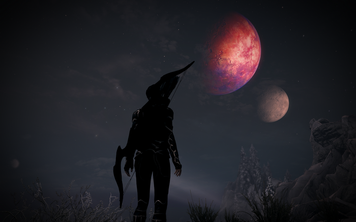 Character with bow and arrow looking at planets in Skyrim