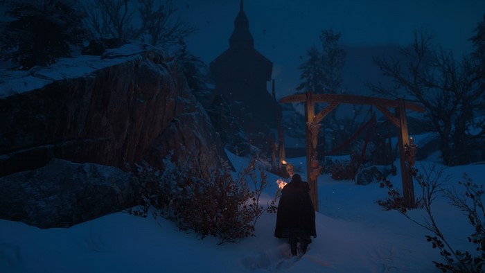 Eivor from Assassin's Creed Valhalla in a snowy landscape