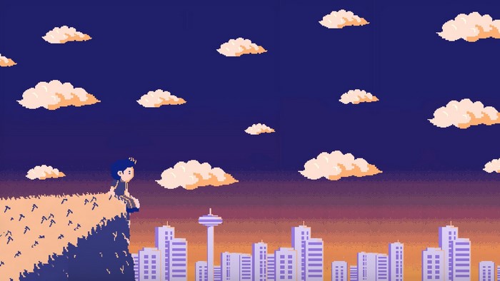 Pixel art of a person sitting on a cliff overlooking a city