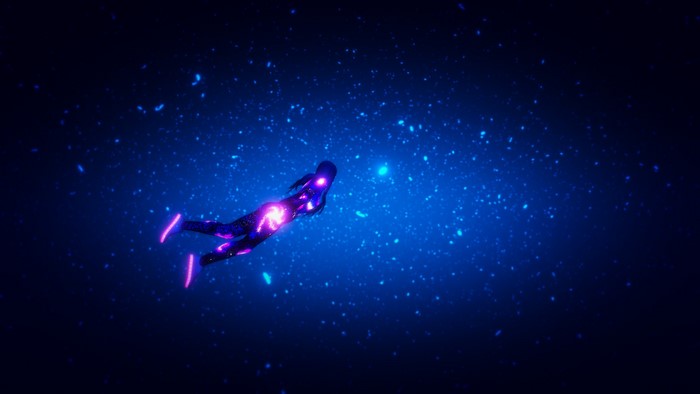 Woman in neon suit floating in space