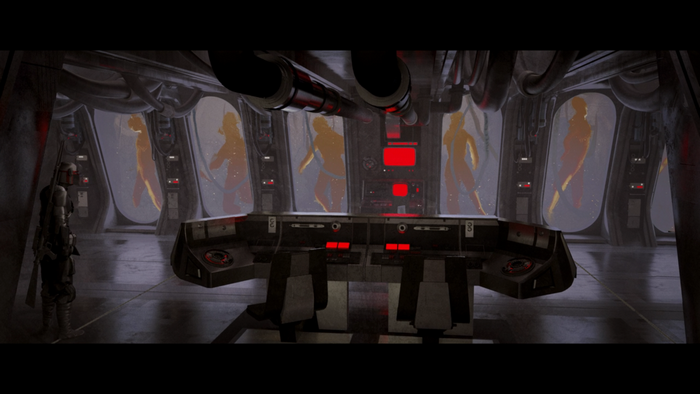 The Mandalorian in a room with cryo-pods
