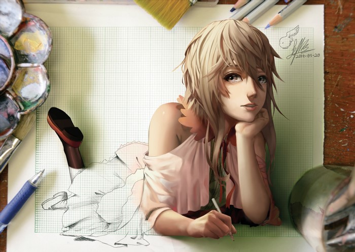 Anime girl drawing on graph paper with art supplies