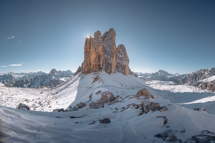 Tre Cime di Lavaredo mountains in the snow