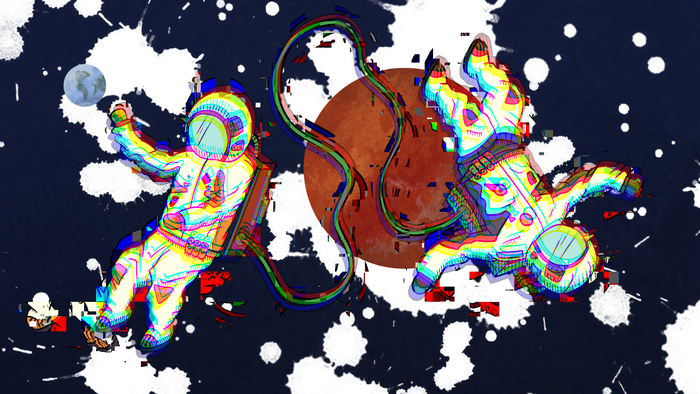Astronauts in space with glitch art effect