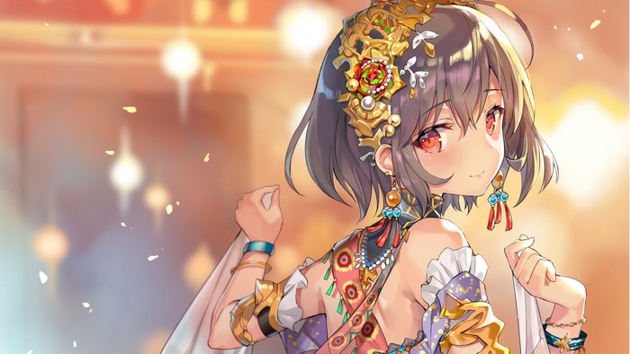 Momoko with gray hair and red eyes