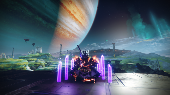Destiny 2 Guardian meditating with purple crystals near Jupiter
