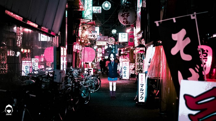 Anime girl in a Japanese street at night