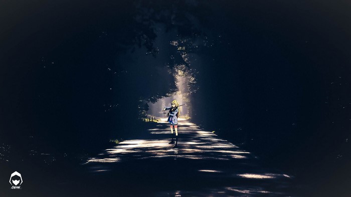Anime girl playing violin on a path