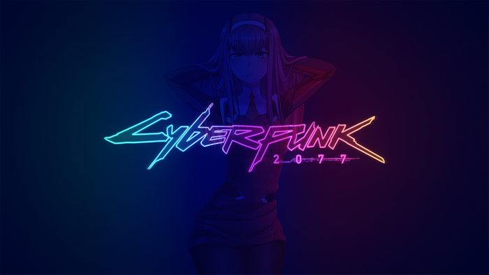 Zero Two from Darling in the FranXX with Cyberpunk 2077 logo