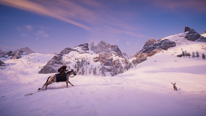 Eivor on horseback in a snowy mountain landscape