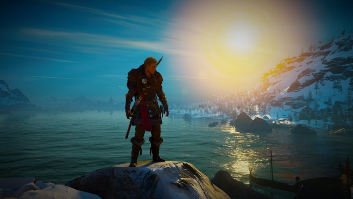 Eivor from Assassin's Creed Valhalla in a winter landscape