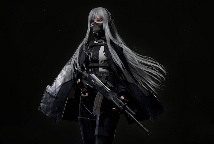 Anime girl with grey hair holding a rifle