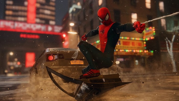 Spider-Man on a hoverboard in New York City