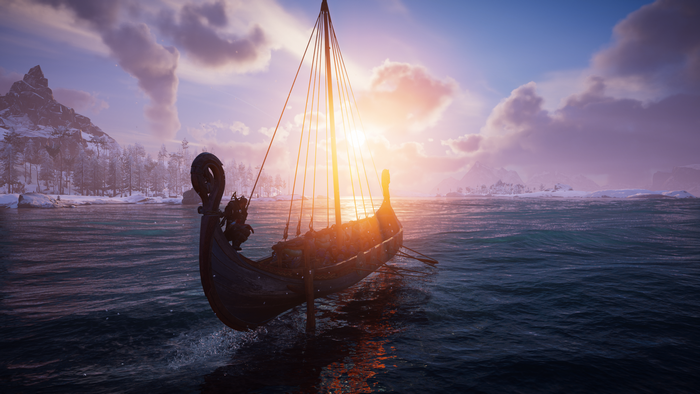 Viking longship sailing at sunset
