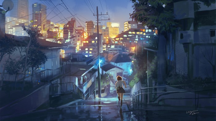 Anime girl running down a wet city street at night