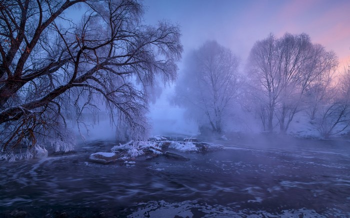 Mikhail Dubrovinskiy's winter landscape with mist and purple sky