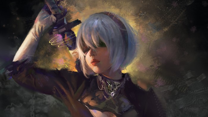 2B from NieR: Automata holding a sword