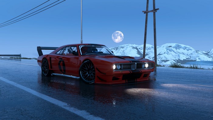 Dodge Challenger R/T from The Crew 2 on a wet road
