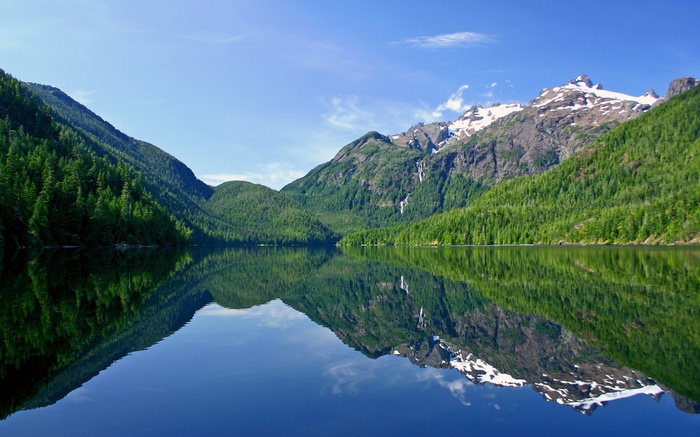 Reflection of mountains and forest in a calm lake