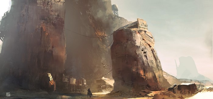 Digital art of a desert settlement with a rider