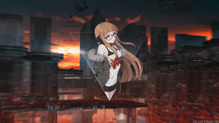 Anime girl with glasses and headphones in city
