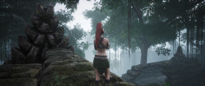 Woman in jungle with stone serpent statue in Conan Exiles