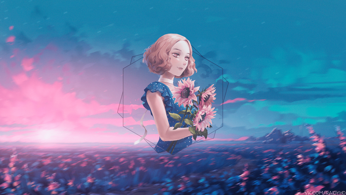 Anime girl with sunflowers in a field