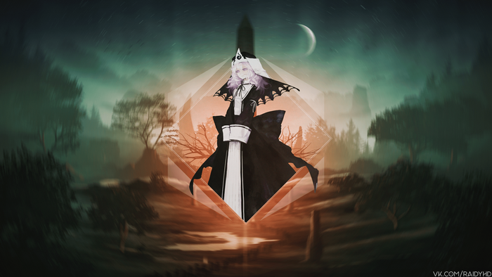 Anime girl in gothic nun outfit in a forest