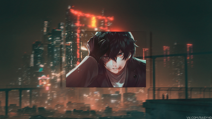 Joker from Persona 5 in a city at night