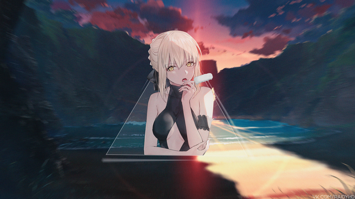Saber from Fate Series eating popsicle at sunset